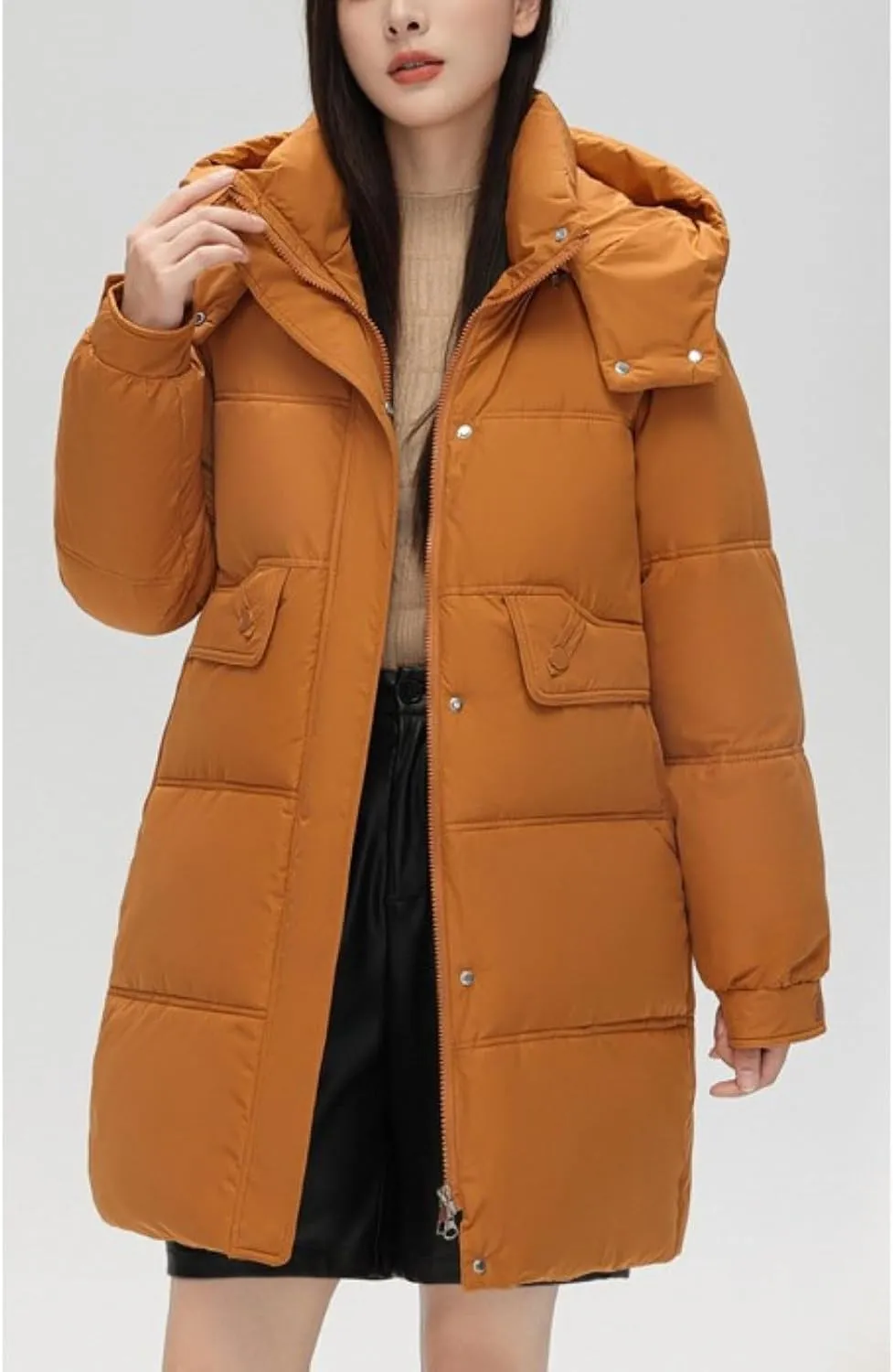 Women's Mid Length Puffer Coat Hooded Windproof Down Jacket Cotton-Padded Warm Winter Outwear