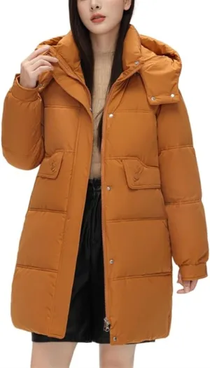 Women's Mid Length Puffer Coat Hooded Windproof Down Jacket Cotton-Padded Warm Winter Outwear