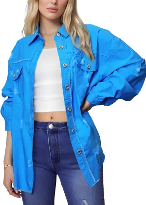 Women's Oversized Denim Jacket Jean Jacket Long Sleeve Casual Denim Shirt for Spring Fashion