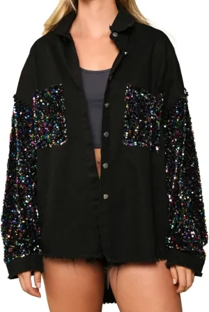 Womens Oversized Denim Jacket Sequin Sparkle Casual Long Sleeve Jean Jacket Coat