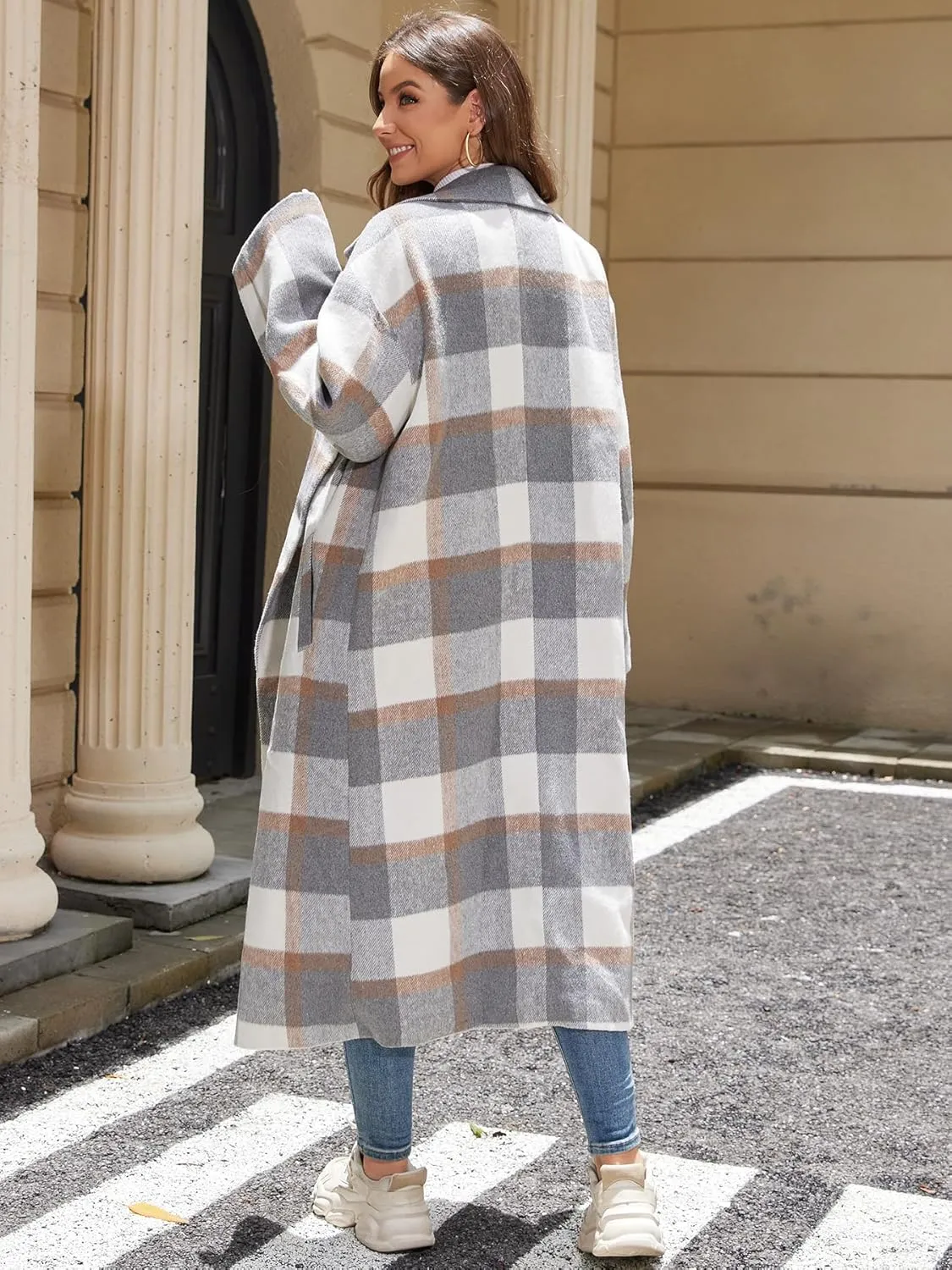Women's Oversized Plaid Wool Coat Casual Lapel Collar Double Breasted Winter Long Pea Coat with Pockets
