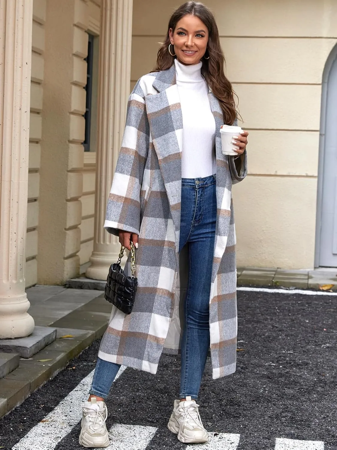 Women's Oversized Plaid Wool Coat Casual Lapel Collar Double Breasted Winter Long Pea Coat with Pockets