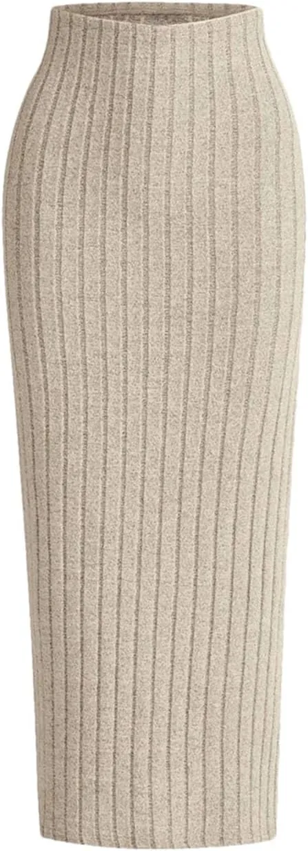 Women's Ribbed Knit Pencil Skirt High Waist Autumn Spring Slim Fit Long Length Solid Color Casual Streetwear Skirt