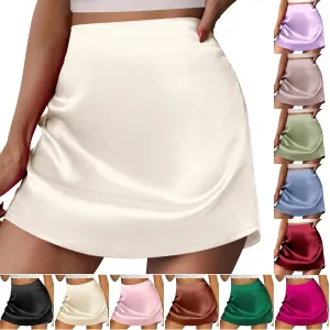 Women's Satin Mini Skirts High Waisted Silk Skirts Trendy A-Line Zipper Solid Color Short Skirt Casual