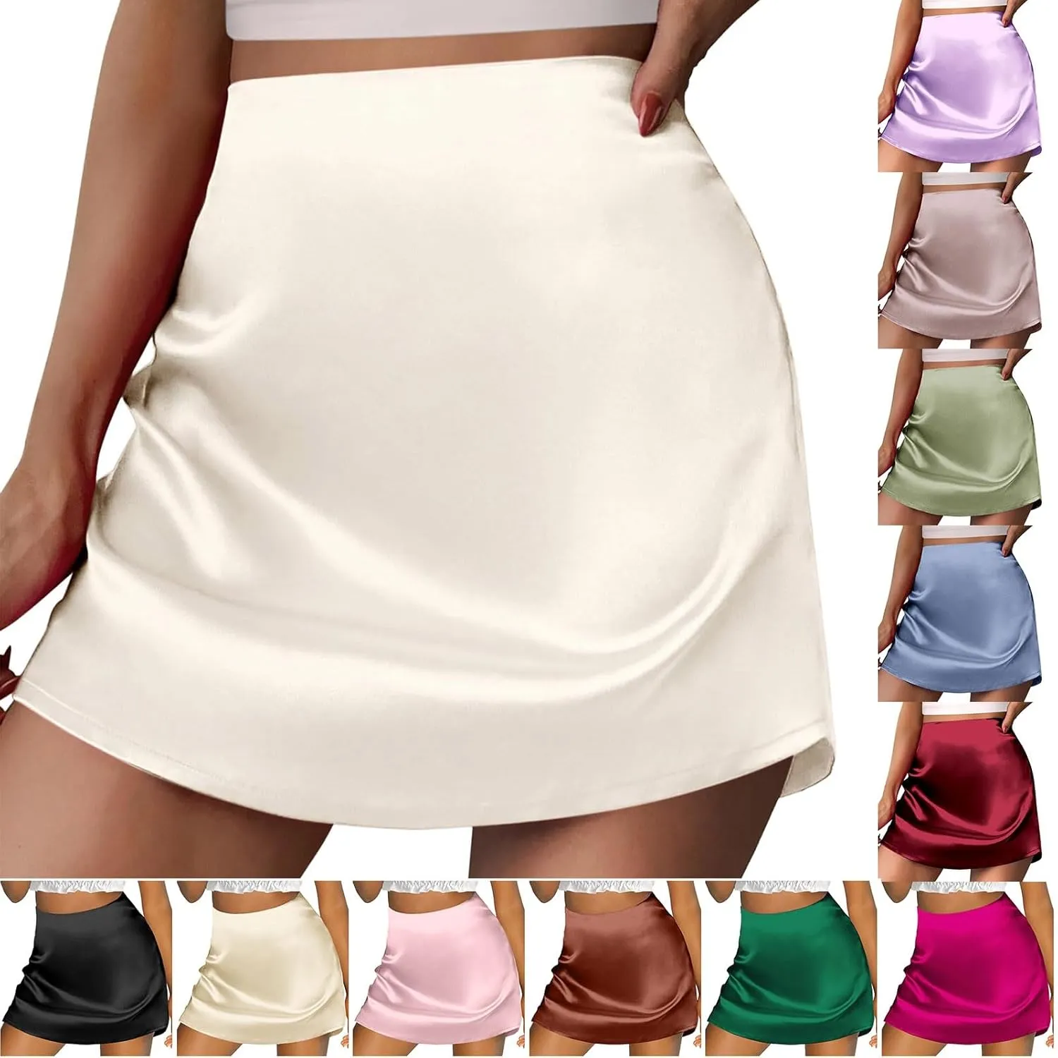 Women's Satin Mini Skirts High Waisted Silk Skirts Trendy A-Line Zipper Solid Color Short Skirt Casual