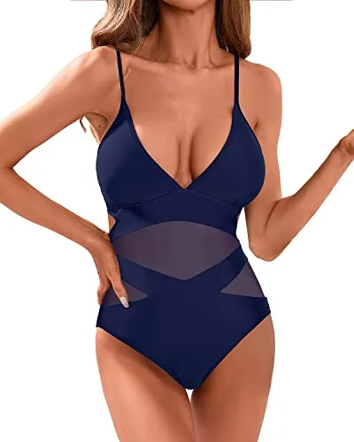 Women's Sexy Mesh High Waisted Plunge V Neck Monokini Cutout Swimwear-Navy Blue