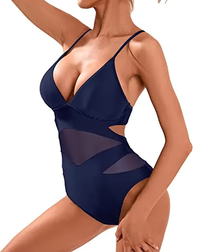 Women's Sexy Mesh High Waisted Plunge V Neck Monokini Cutout Swimwear-Navy Blue
