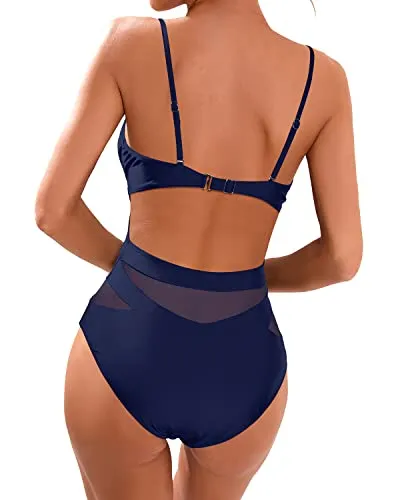 Women's Sexy Mesh High Waisted Plunge V Neck Monokini Cutout Swimwear-Navy Blue