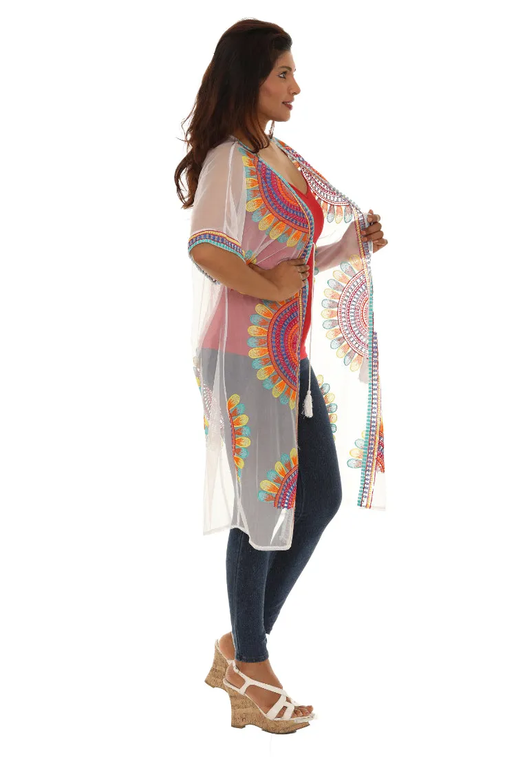 Women’s Sheer Mesh Floral Embroidered Long Beach Duster