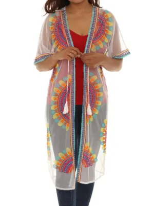 Women’s Sheer Mesh Floral Embroidered Long Beach Duster