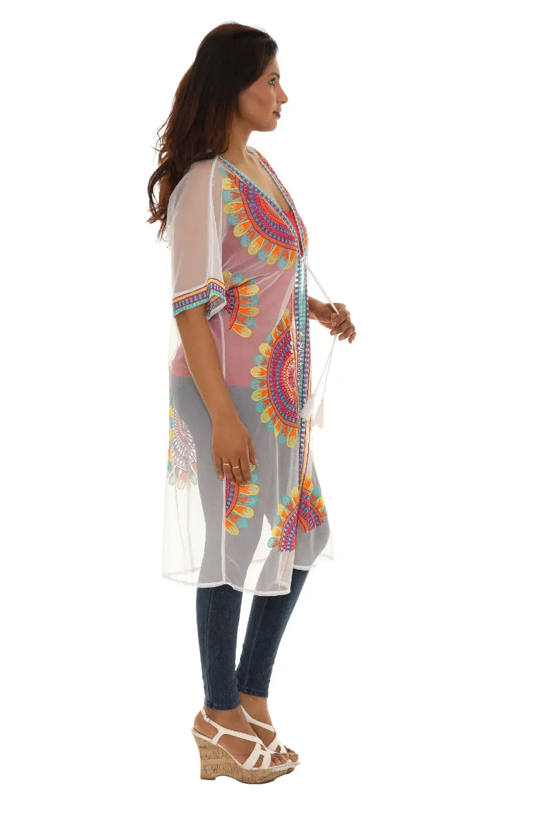 Women’s Sheer Mesh Floral Embroidered Long Beach Duster