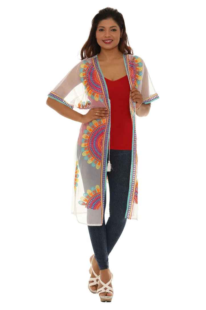 Women’s Sheer Mesh Floral Embroidered Long Beach Duster