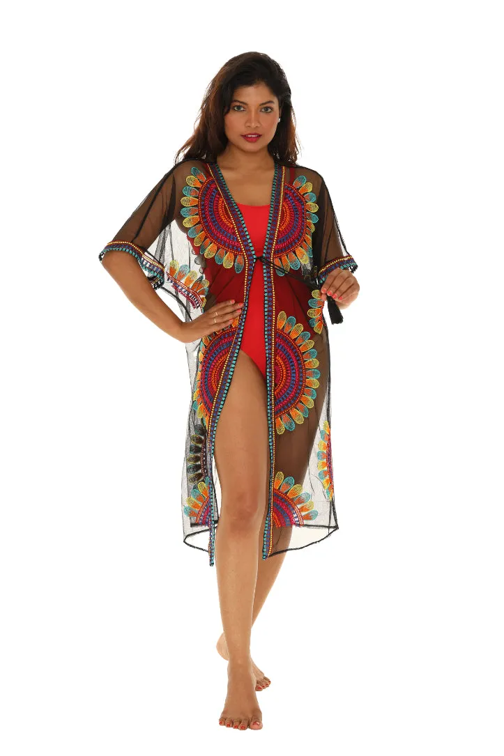 Women’s Sheer Mesh Floral Embroidered Long Beach Duster