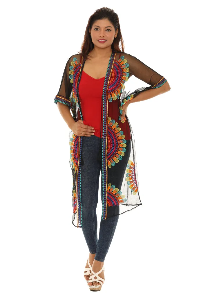 Women’s Sheer Mesh Floral Embroidered Long Beach Duster