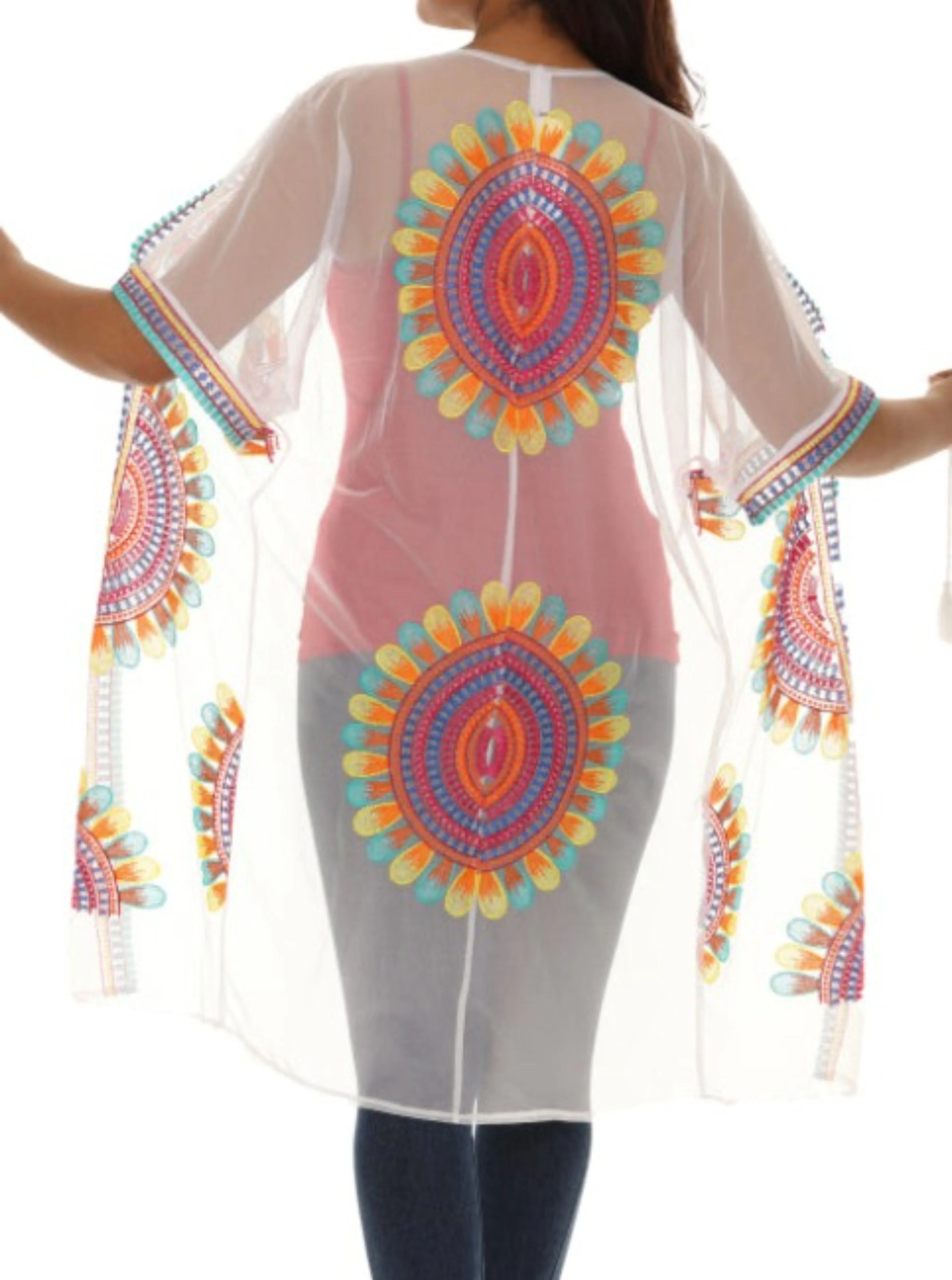 Women’s Sheer Mesh Floral Embroidered Long Beach Duster