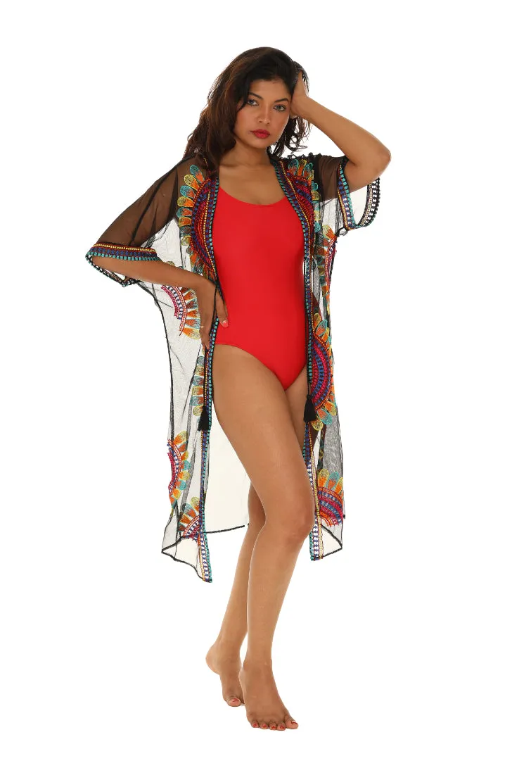 Women’s Sheer Mesh Floral Embroidered Long Beach Duster