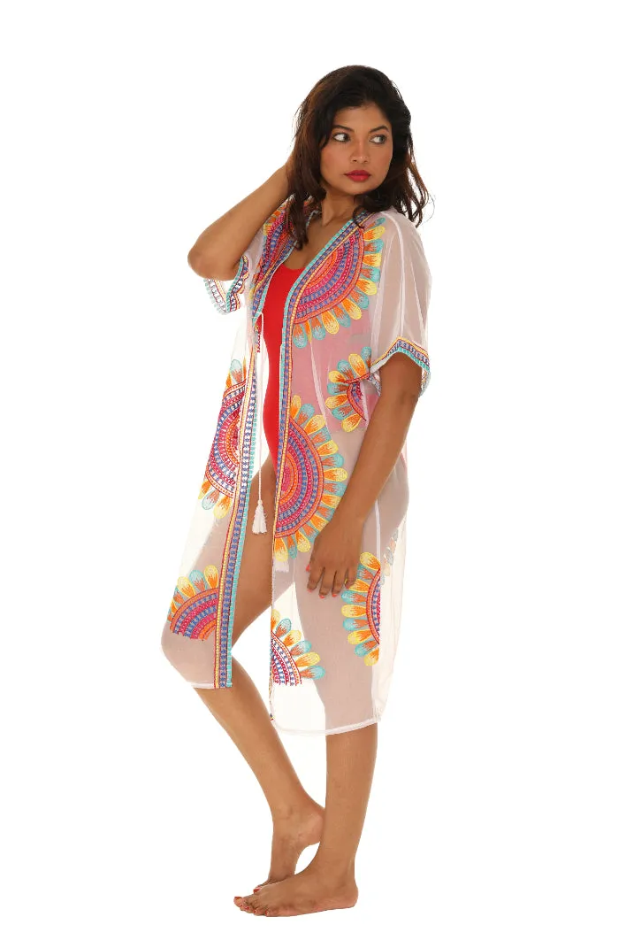 Women’s Sheer Mesh Floral Embroidered Long Beach Duster