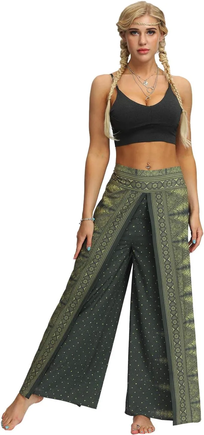 Womens Slit Wide Leg Pants Causal Hippie Bohemian Summer Beach Boho Yoga Pants