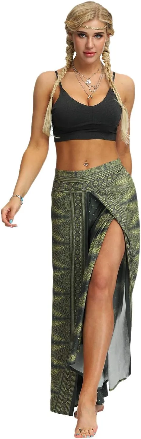 Womens Slit Wide Leg Pants Causal Hippie Bohemian Summer Beach Boho Yoga Pants