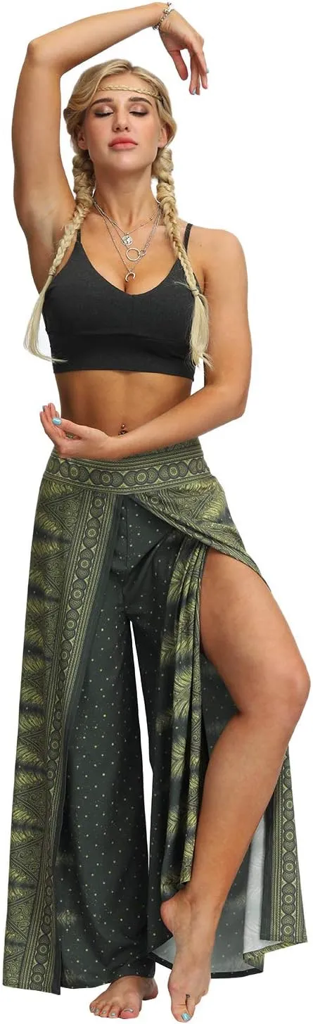 Womens Slit Wide Leg Pants Causal Hippie Bohemian Summer Beach Boho Yoga Pants