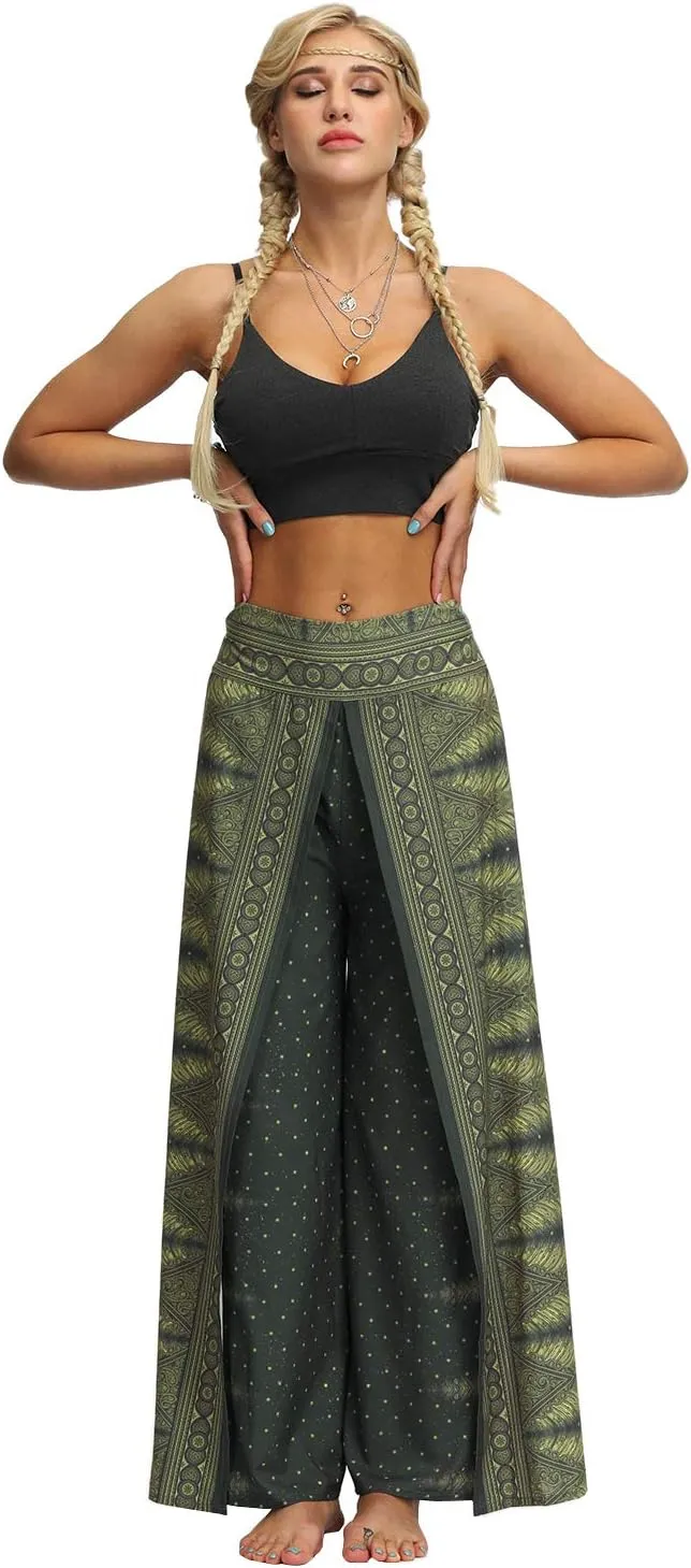 Womens Slit Wide Leg Pants Causal Hippie Bohemian Summer Beach Boho Yoga Pants