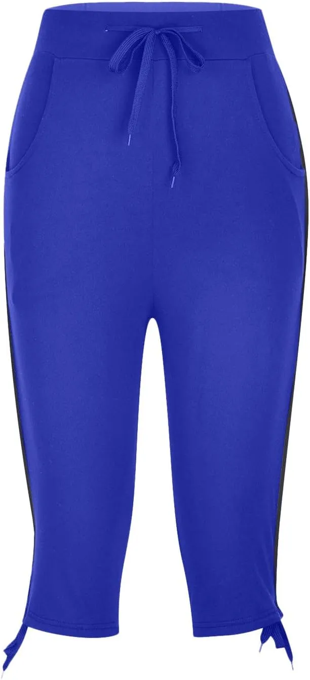 Womens Solid Color Drawstring Pants Summer Mid Waist Pants Soft Comfy Yoga Pants Plus Size Lightweight Capr Pants