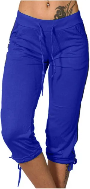 Womens Solid Color Drawstring Pants Summer Mid Waist Pants Soft Comfy Yoga Pants Plus Size Lightweight Capr Pants
