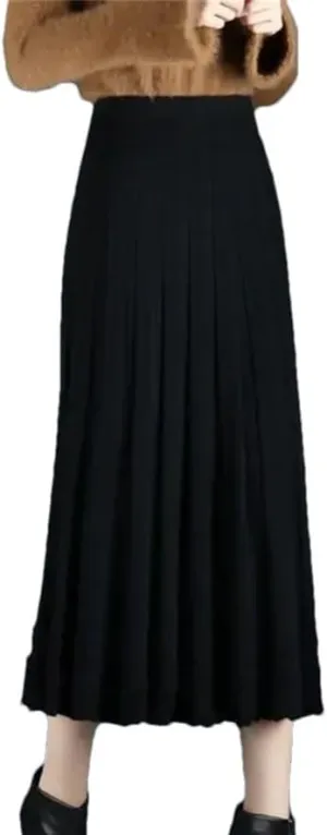 Women's Solid Elastic High Waist Screw Thread Knit Skirt Midi Pleated A-Line Skirt Office Lady Work Skirts