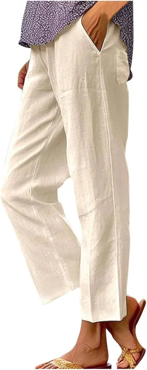 Women's Solid Elastic Waist Linen Trousers All-Match Straight Trnedy Casual Wide Leg Pants Cropped Long Pants