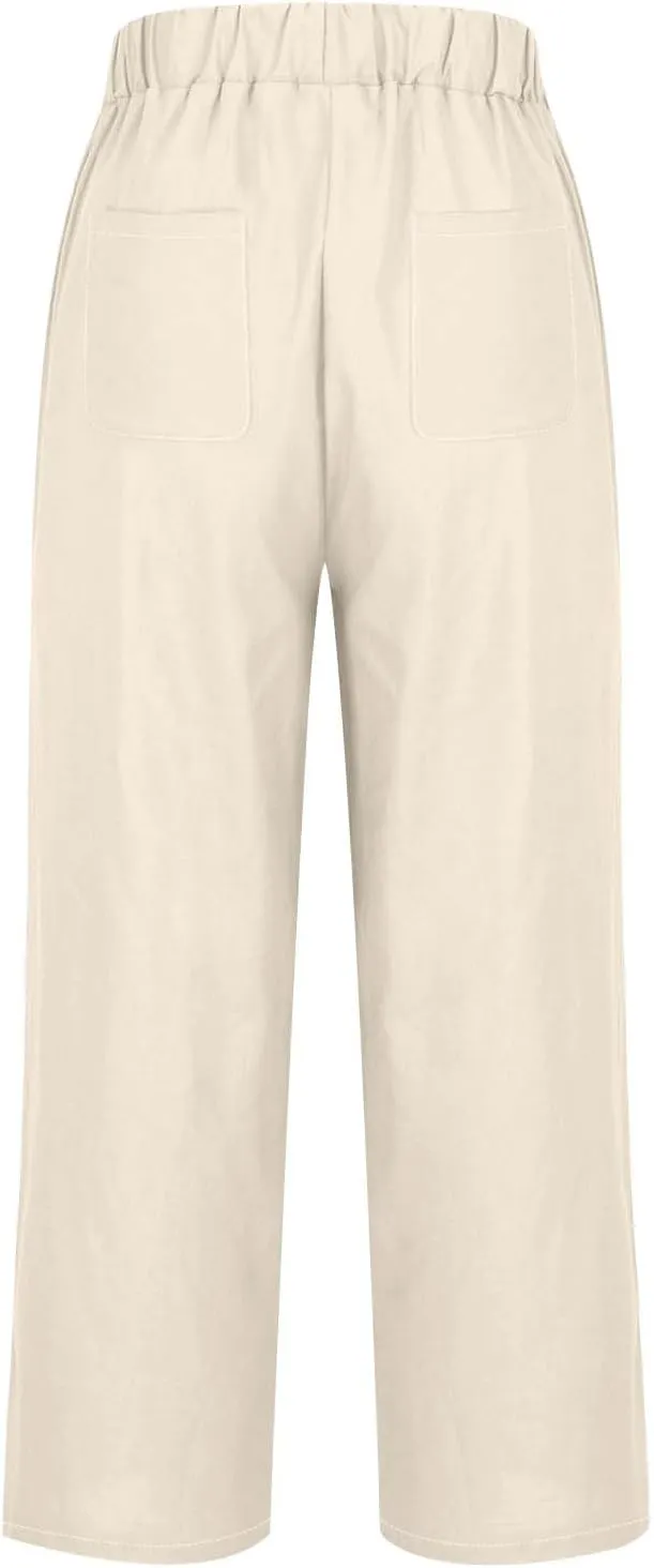 Women's Solid Elastic Waist Linen Trousers All-Match Straight Trnedy Casual Wide Leg Pants Cropped Long Pants