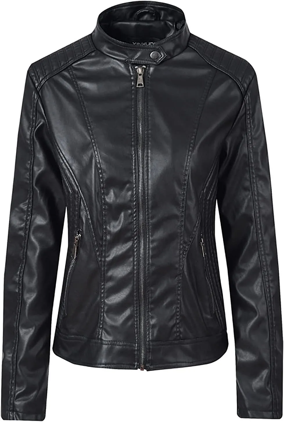Womens Stand Collar Leather Jacket Ladies Faux Leather Coat Moto Biker Jackets Zipper Bomber Coats Zip Up Overcoat
