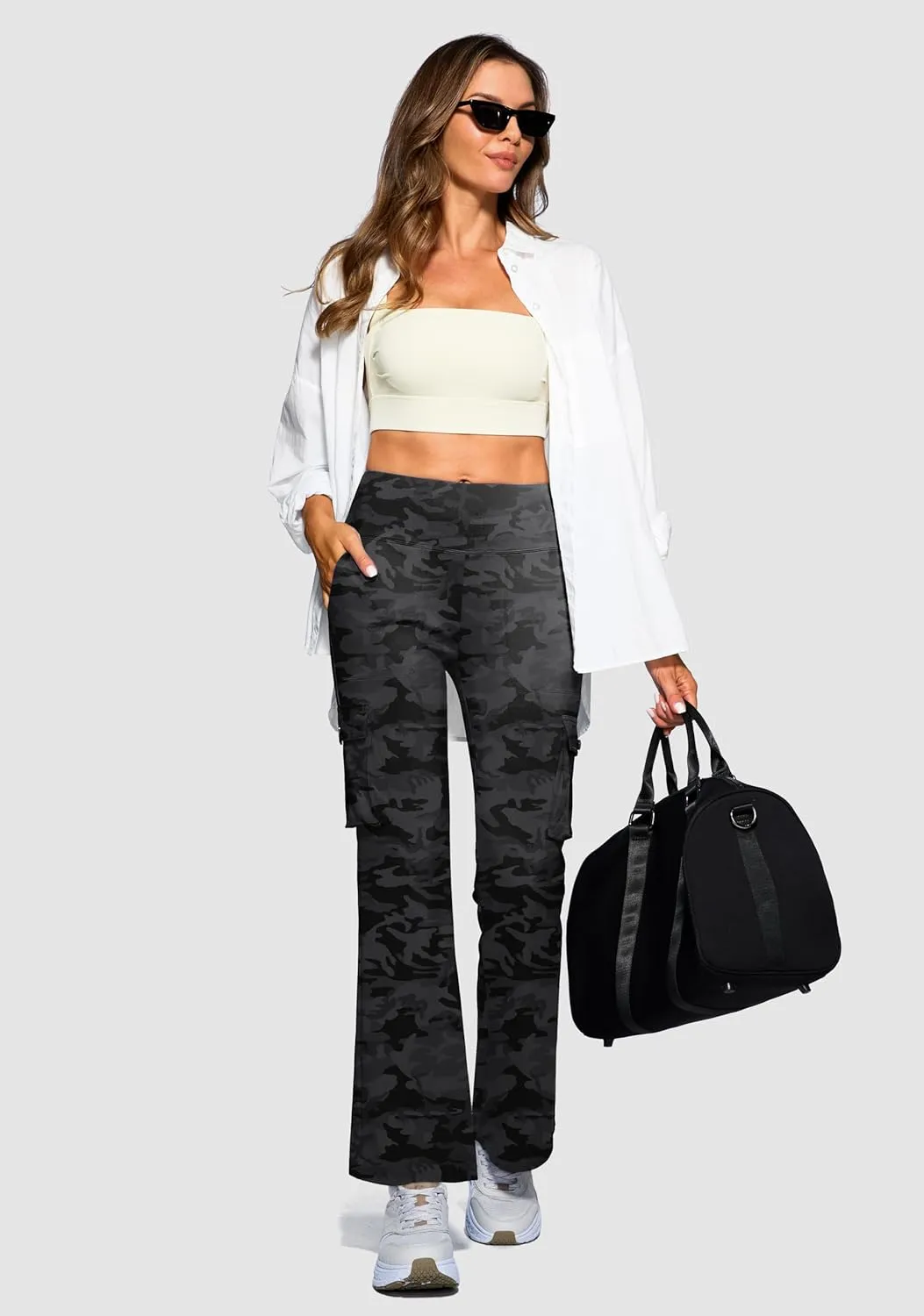 Women's Stretchy Cargo Pants 6 Pockets High Waist Bootcut Flare Leggings for Casual, Work, Travel, Athletic