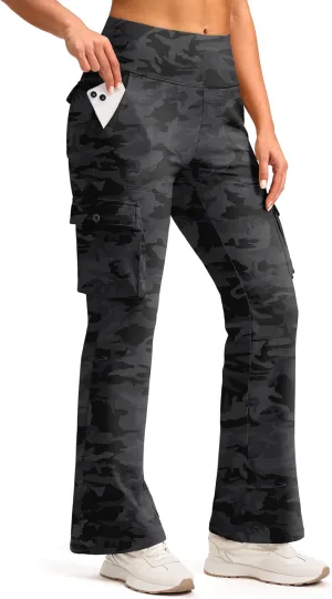 Women's Stretchy Cargo Pants 6 Pockets High Waist Bootcut Flare Leggings for Casual, Work, Travel, Athletic