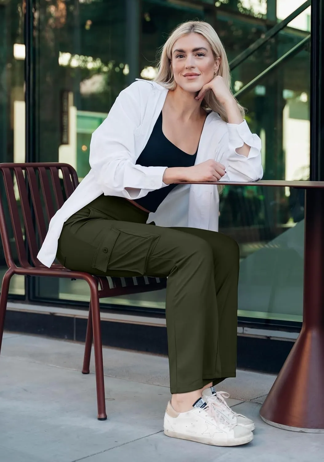 Women's Stretchy Cargo Pants 6 Pockets High Waist Bootcut Flare Leggings for Casual, Work, Travel, Athletic