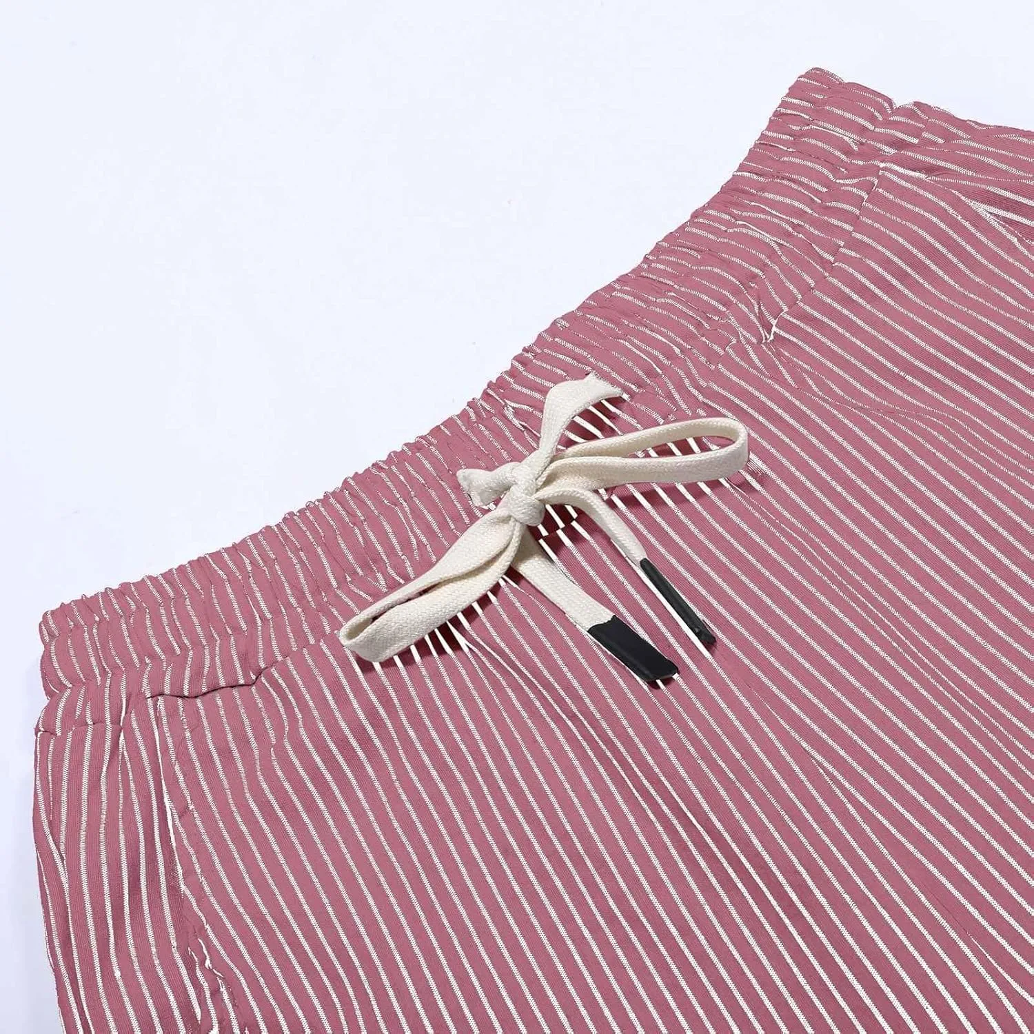 Womens Striped Capri Trousers Drawstring Cropped Summer 3/4 Pants Side Button Crop Shorts Ladies Elasticated Pant