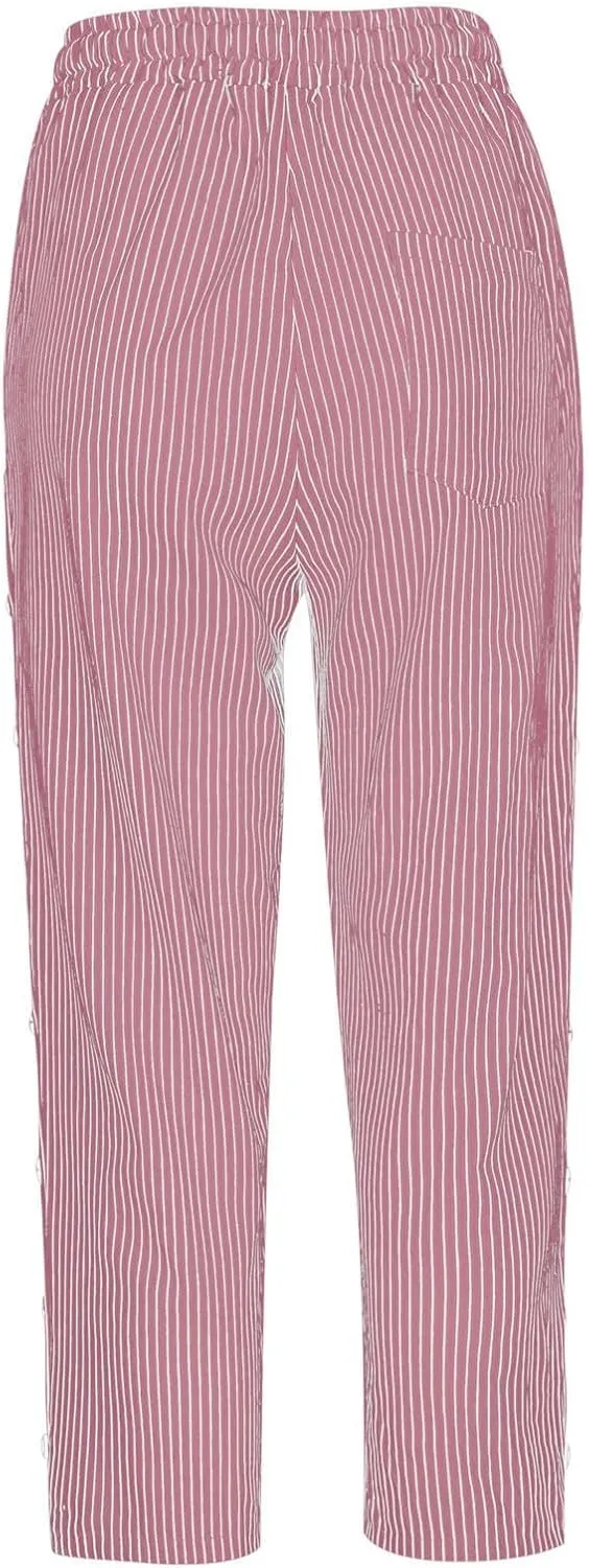 Womens Striped Capri Trousers Drawstring Cropped Summer 3/4 Pants Side Button Crop Shorts Ladies Elasticated Pant