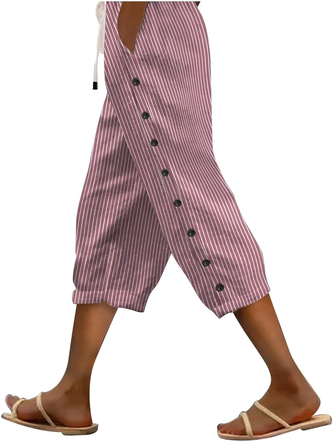 Womens Striped Capri Trousers Drawstring Cropped Summer 3/4 Pants Side Button Crop Shorts Ladies Elasticated Pant