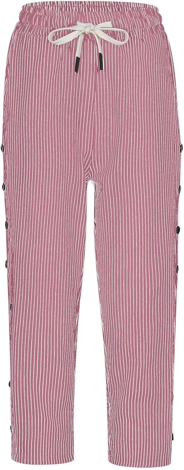 Womens Striped Capri Trousers Drawstring Cropped Summer 3/4 Pants Side Button Crop Shorts Ladies Elasticated Pant