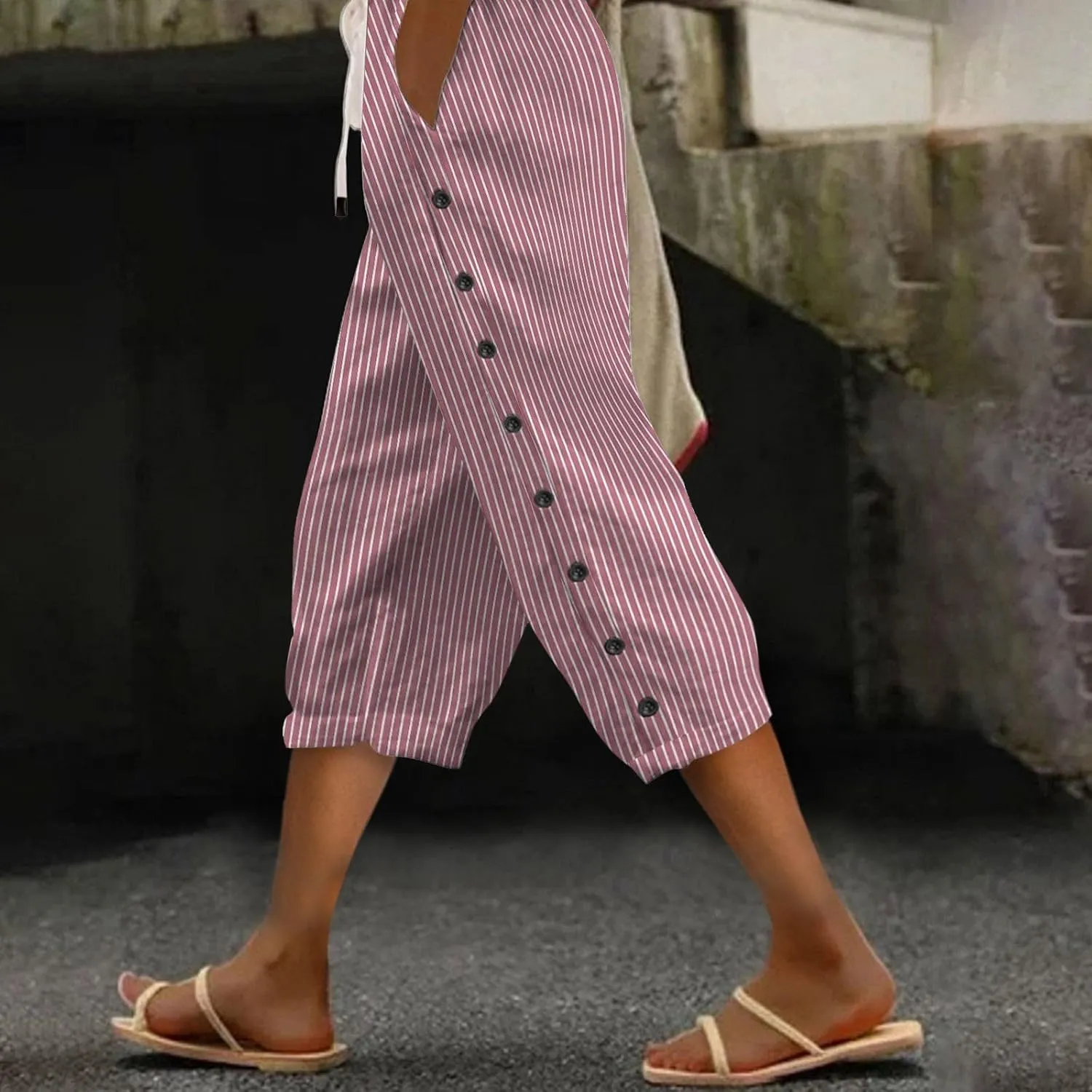 Womens Striped Capri Trousers Drawstring Cropped Summer 3/4 Pants Side Button Crop Shorts Ladies Elasticated Pant