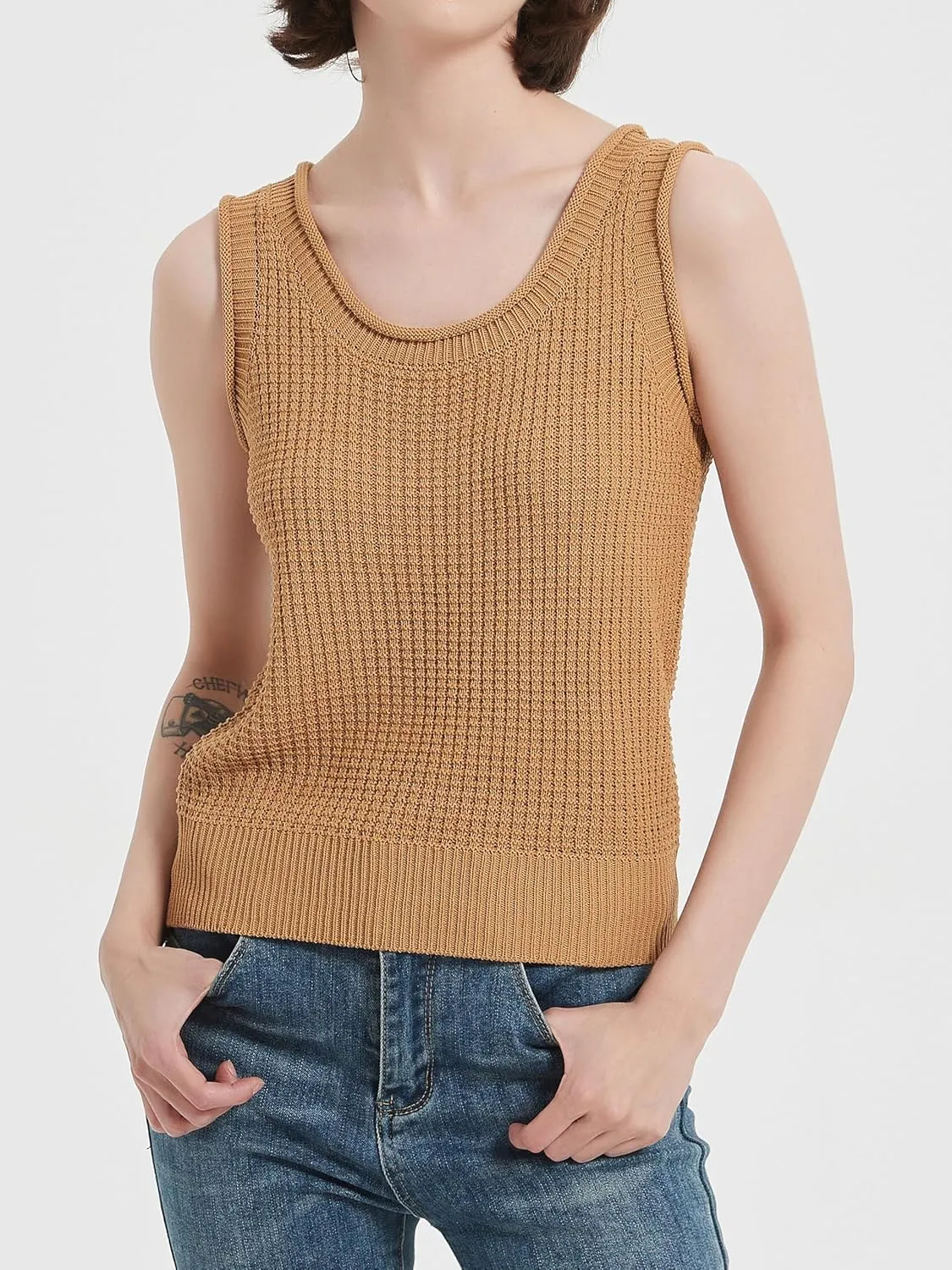 Womens Summer Fit Knit Sweater Tank Top Sleeveless Scoop Neck Crochet Vest 2024 Casual Pullover