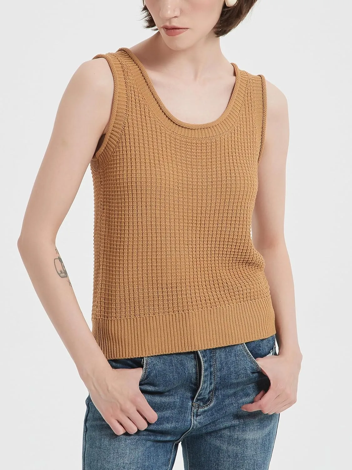Womens Summer Fit Knit Sweater Tank Top Sleeveless Scoop Neck Crochet Vest 2024 Casual Pullover