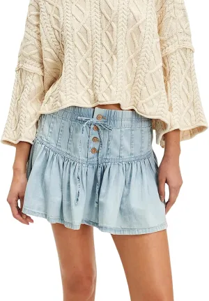 Womens Summer Short Jean Denim Pleated Hem Button Down High Waisted Mini Skirts