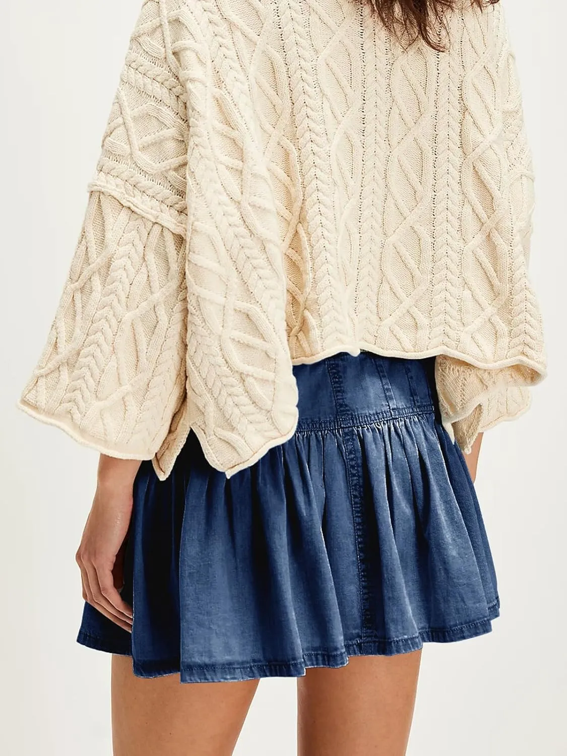 Womens Summer Short Jean Denim Pleated Hem Button Down High Waisted Mini Skirts