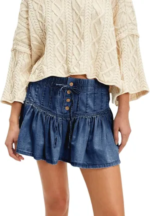 Womens Summer Short Jean Denim Pleated Hem Button Down High Waisted Mini Skirts