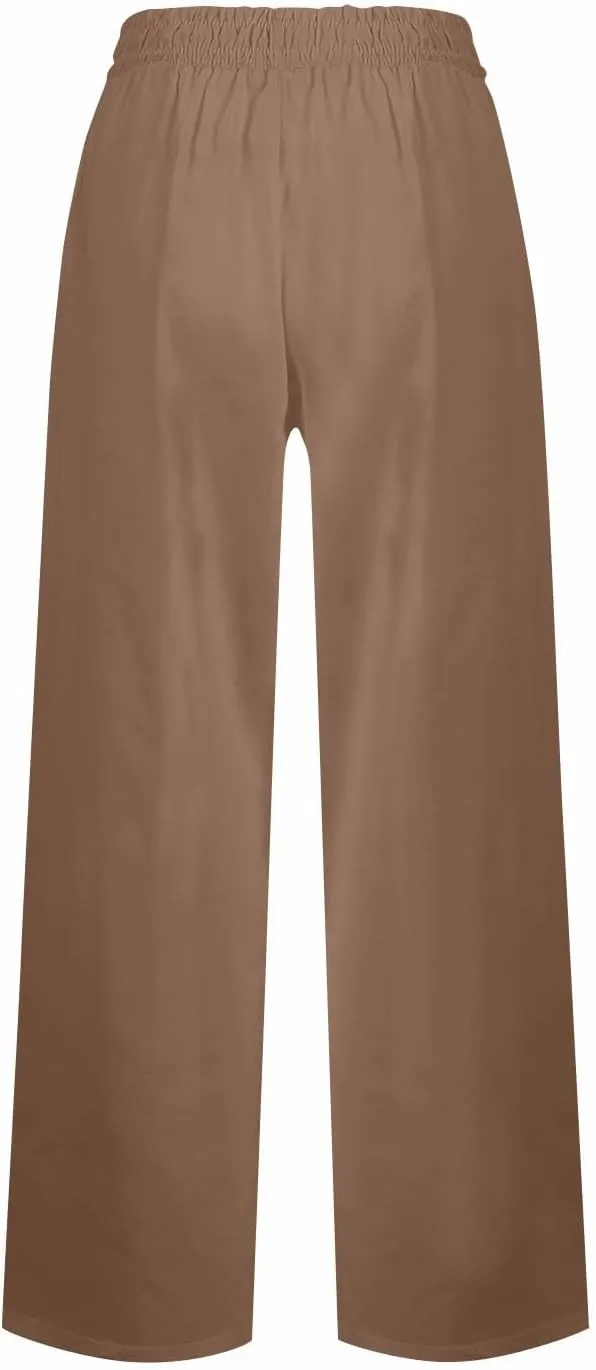 Womens Summer Trendy Beach Slacks Capri Pants Trousers Casual Drawstring Elastic Waist Trendy Straight Leg Palazzo