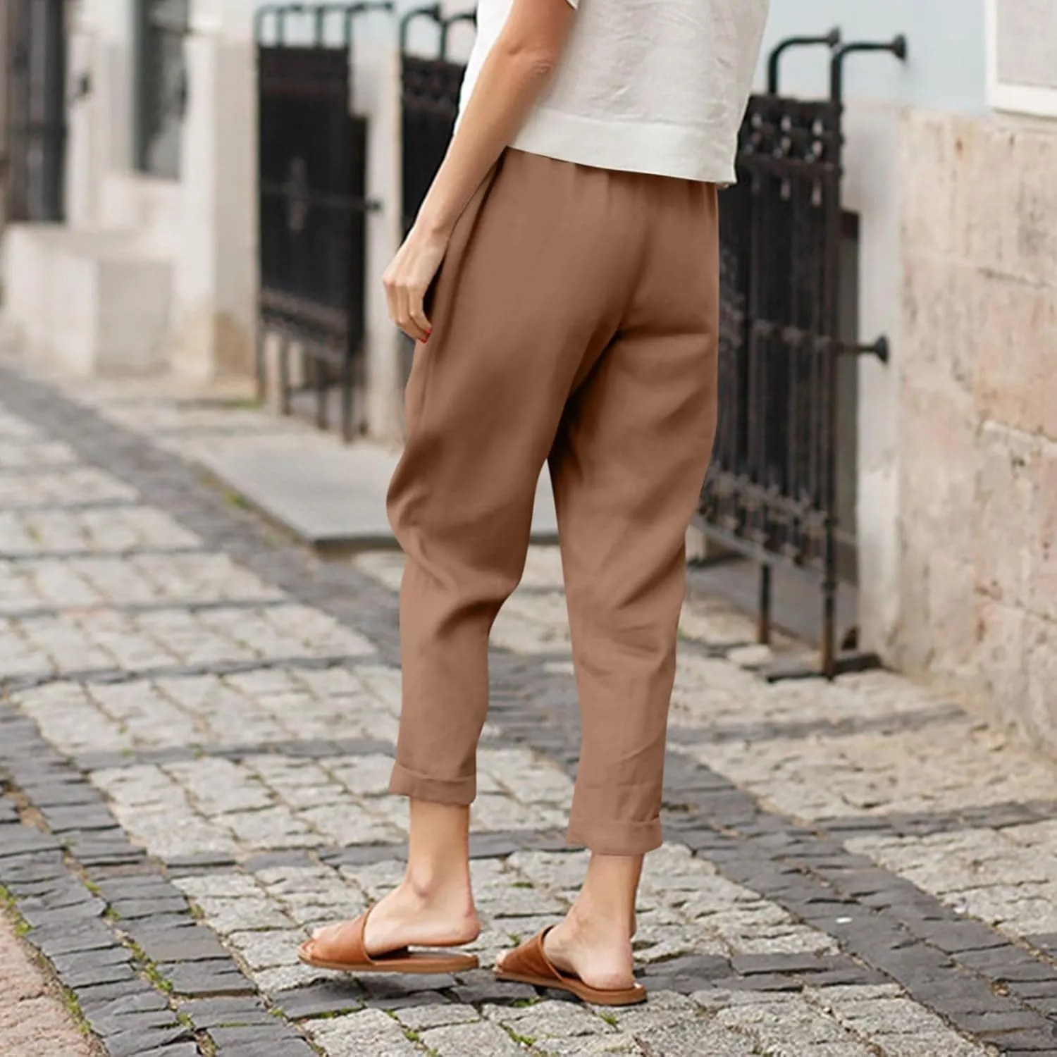 Womens Summer Trendy Beach Slacks Capri Pants Trousers Casual Drawstring Elastic Waist Trendy Straight Leg Palazzo