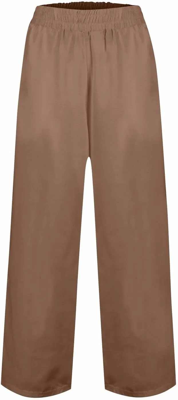 Womens Summer Trendy Beach Slacks Capri Pants Trousers Casual Drawstring Elastic Waist Trendy Straight Leg Palazzo