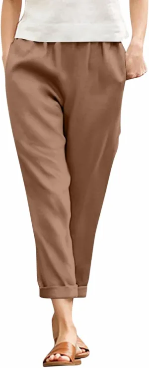 Womens Summer Trendy Beach Slacks Capri Pants Trousers Casual Drawstring Elastic Waist Trendy Straight Leg Palazzo