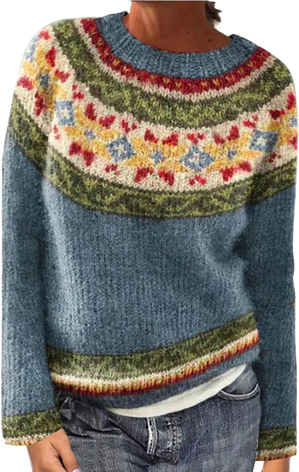 Womens Sweaters Fair Isle Knit Sweater Retro Crewneck Sweater Long Sleeve Warm Pullover Oversized Casual Sweater