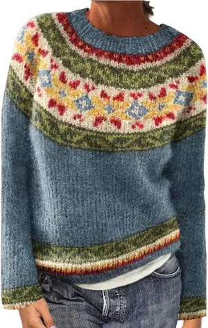 Womens Sweaters Fair Isle Knit Sweater Retro Crewneck Sweater Long Sleeve Warm Pullover Oversized Casual Sweater